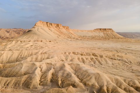 A steep eroded cliff face rising from folded desert badlands.